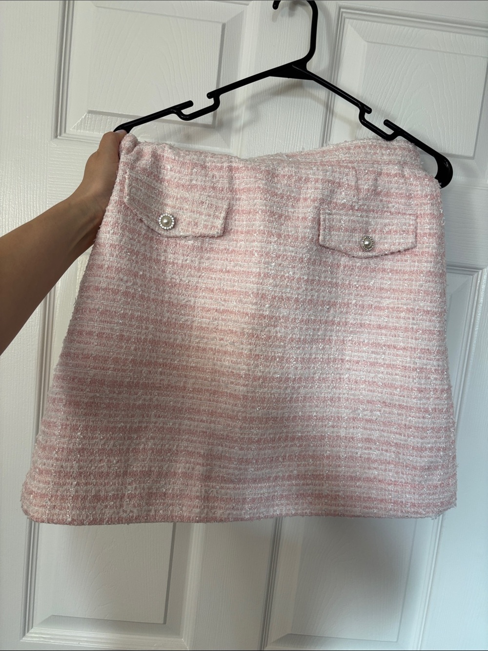 NWT Neon Rose Pink Tweed Mini Skirt with Pearl Button Details